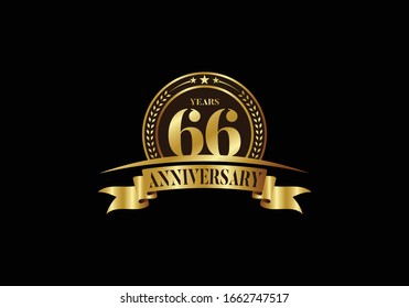 66th years anniversary logo template, vector design birthday celebration, Golden anniversary emblem with ribbon. Design for a booklet, leaflet, magazine, brochure, poster, web, invitation or greeting