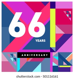 66th years greeting card anniversary with colorful number and frame. Memphis style cover and design template