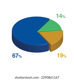 67 14 19 por ciento 3d Gráfico circular isométrico de 3 partes para presentación de negocios. Pasos de ilustración de infografía vectorial.
