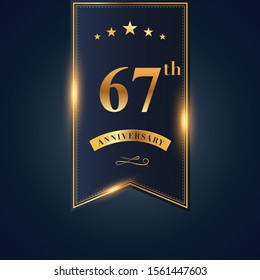 67 anniversary celebration logotype. anniversary logo with confetti golden colored isolated on black blue background, vector design for greeting card and invitation card and celebration event