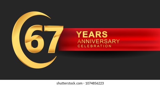 67 anniversary design logotype golden color with ring and red ribbon for anniversary celebration