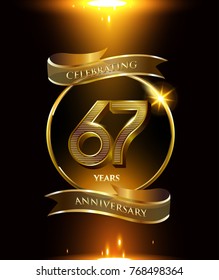 67 anniversary logo with golden ring and ribbon colored isolated on black background, vector design for party greeting card and invitation card. celebration logotype template