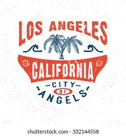 67 CITY OF ANGELS LOS ANGELES CALIFORNIA. Handmade Palms trees retro style. Design fashion apparel textured print. T shirt graphic vintage grunge vector illustration badge label logo template. 