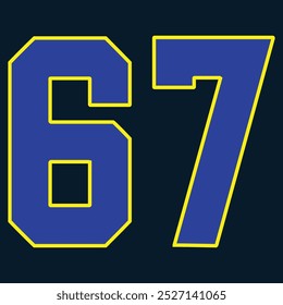 67 Classic Vintage Sport Jersey  Uniform numbers in black with a black outside contour line number on white background for American football, Baseball and Basketball or soccer