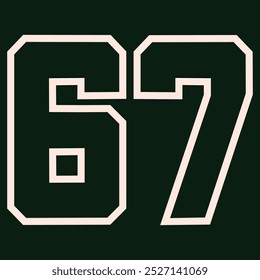 67 Classic Vintage Sport Jersey  Uniform numbers in black with a black outside contour line number on white background for American football, Baseball and Basketball or soccer