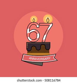 67 Colorful Birthday Candles number, Anniversary Logo Design Isolated on Pink Background