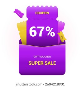 67% coupon promotion sale. Sixty seven percent off super sale design. Envelope with paper vouchers and gift voucher. Vector illustration. Purple and yellow style.