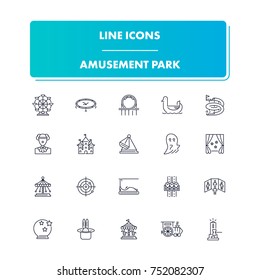 67. Line icons set. Amusement Park pack. Vector illustration for leisure and recreation. Fun and happiness 