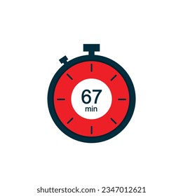 67 minutes, 67 min stopwatch vector icon. Stopwatch icon in flat style on a white background. Vector.