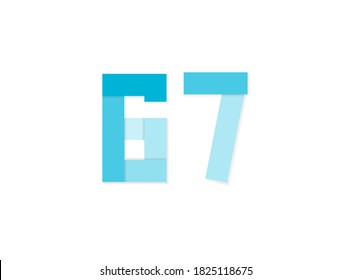 67 number, vector logo, paper cut desing font made of blue color tones .Isolated on white background. Eps10 illustratio5