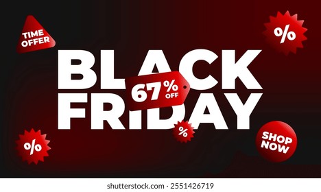 67% off Black Friday Sale Banner. Sixty seven percent off. Red and black color. Time offer. Shop now. Holiday promotions and discounts. Vector illustration.