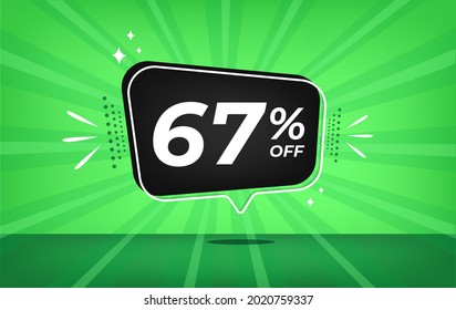 67% off. Green banner with sixty-seven percent discount on a black balloon for mega big sales.