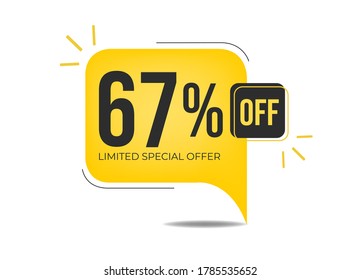 67% off limited special offer. Banner with sixty-seven percent discount on a yellow balloon.