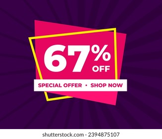 67% off, sixty seven percent, special offer, shop now. Background Label. Purple and pink. Discount special offer. Banner with offer emblem. Modern concept design. Vector illustration.