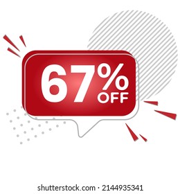 67% off. White background with 67 percent discount on a red balloon for mega big sales. 67% sale