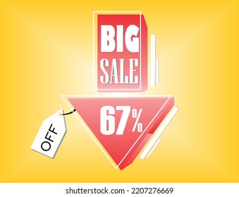 67 PERCENT DISCOUNT, RED BIG SALE INDICATIVE FLOATING ARROW WITH WHITE FONT AND DETAILS, YELLOW BACKGROUND