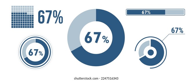 67 percent loading data icon set. Sixty-seven circle diagram, pie donut chart, progress bar. 67% percentage infographic. Vector concept collection, blue color.