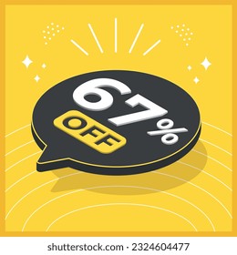 67 percent off. 3D floating balloon with promotion for sales on yellow background