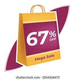 67 percent off. 3D Yellow shopping bag concept in white background.