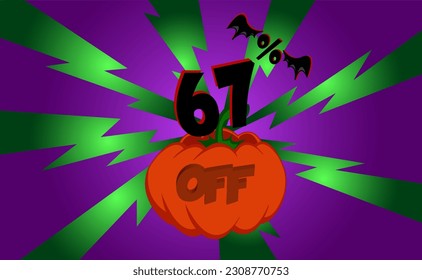 67 percent off. Banner, with pumpkin, green rays and purple background with gradient, bat wings, halloween theme.