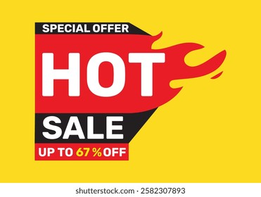 67 Percentage off HOT SALE on a bright yellow background vector illustration.