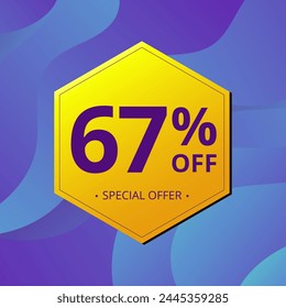 67% Sale and Discount Label. Sixty seven percent Sale Discount label Geometric design. Abstract Blue and Yellow Hexagon. Vector illustration.