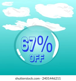 67% burbuja transparente de jabón en cielo azul para descuento y promoción, colores azul y blanco