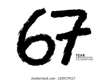 67 year anniversary celebration black color logotype vector, 67 number design, 67th Birthday invitation, logo number design vector illustration, black brushstroke illustration