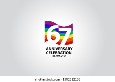 67 year anniversary celebration logotype with white number Emboss Style isolated on LGBT Colorful Flag on white grey background for invitation card, banner or flyer - vector
