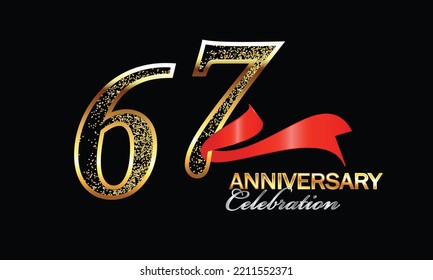 Celebración del 67 Aniversario del Diseño Vector con cinta roja y brillo. Celebración del 67° Aniversario. Banner Gold Luxury del 67º aniversario. 67ª tarjeta de celebración