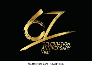 67 year anniversary chalk, golden ink Style , minimalist logo. years, jubilee, greeting card. Birthday invitation sign. Black space vector illustration on black background - Vector