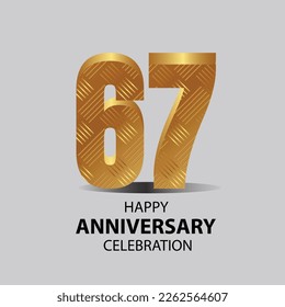 67 year anniversary, Gold shiny metallic numbers set, gold font sign isolated on gray background. Luxury fashion typography design for decoration, web, design, advertising. Vector illustration