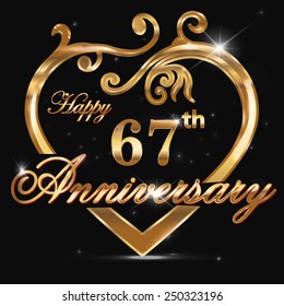 67 year anniversary golden heart, 67th anniversary decorative golden heart design - vector eps10