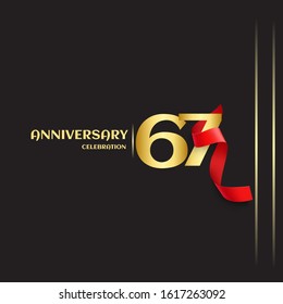 67 year anniversary logo template on black background. golden numbers with red ribbon vector