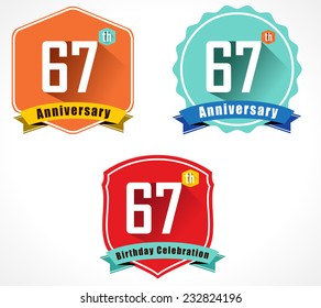 67 year birthday celebration flat color vintage label badge, 67th anniversary decorative  emblem - vector illustration eps10