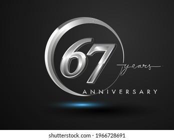 67 Years Anniversary Celebration. Anniversary logo with ring and elegance silver color isolated on black background, vector design for celebration, invitation card, and greeting card