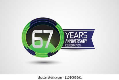 67 years anniversary celebration logotype design abstract green and blue circle with ribbon isolated on white background for celebration event, birthday and party