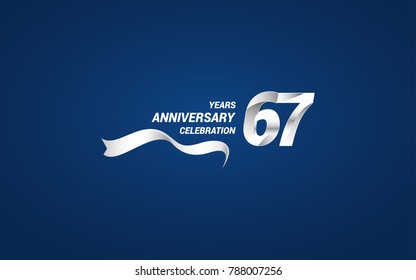 67 Years Anniversary celebration logotype white colored, using ribbon and isolated on blue background