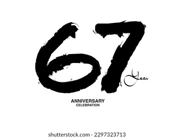 67 Years Anniversary Celebration Vector Template, 67 number logo design, 67th birthday, Black Lettering Numbers brush drawing hand drawn sketch, black number, Anniversary vector illustration