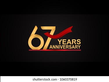 67 years anniversary design with red ribbon and golden color isolated on black background
