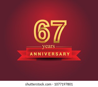67 years anniversary design with red ribbon and golden color isolated on red background, Design for anniversary celebration.
