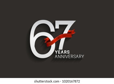 67 years anniversary design with silver color and red ribbon isolated on black background for celebration event