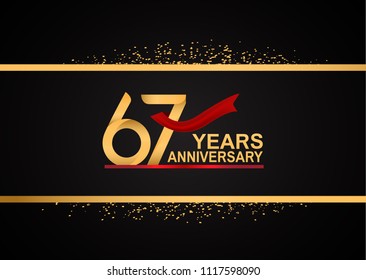 67 years anniversary golden design with red ribbon and glitter background for celebration