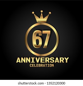 67 years Anniversary with golden font, circle and crown. Simple design with crown on top circle and number in center circle. Elegant, luxury, and simple design. My all design can see in my portofolio