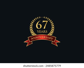 67 Years Anniversary Logo. Celebrating Success. Symbol of Eternal Achievement. Proud Heritage. Logo with Laurel Wreath and Ribbon. Years of Glorious Memories. Jubilee of Joy. Golden Celebratory Crest.