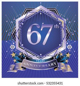 67 years anniversary logo celebration with ring and ribbon. Symbol and template for greeting card