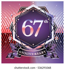 67 years anniversary logo celebration with ring and ribbon. Symbol and template for greeting card