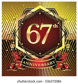 67 years anniversary logo celebration with ring and ribbon. Symbol and template for greeting card