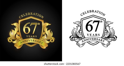 67 years anniversary logo with golden shield and ribbon for booklet, leaflet, magazine, brochure poster, banner, web, invitation or greeting card. Vector illustrations.