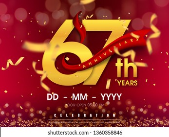 67 years anniversary logo template on gold background. 67th celebrating golden numbers with red ribbon vector and confetti isolated design elements